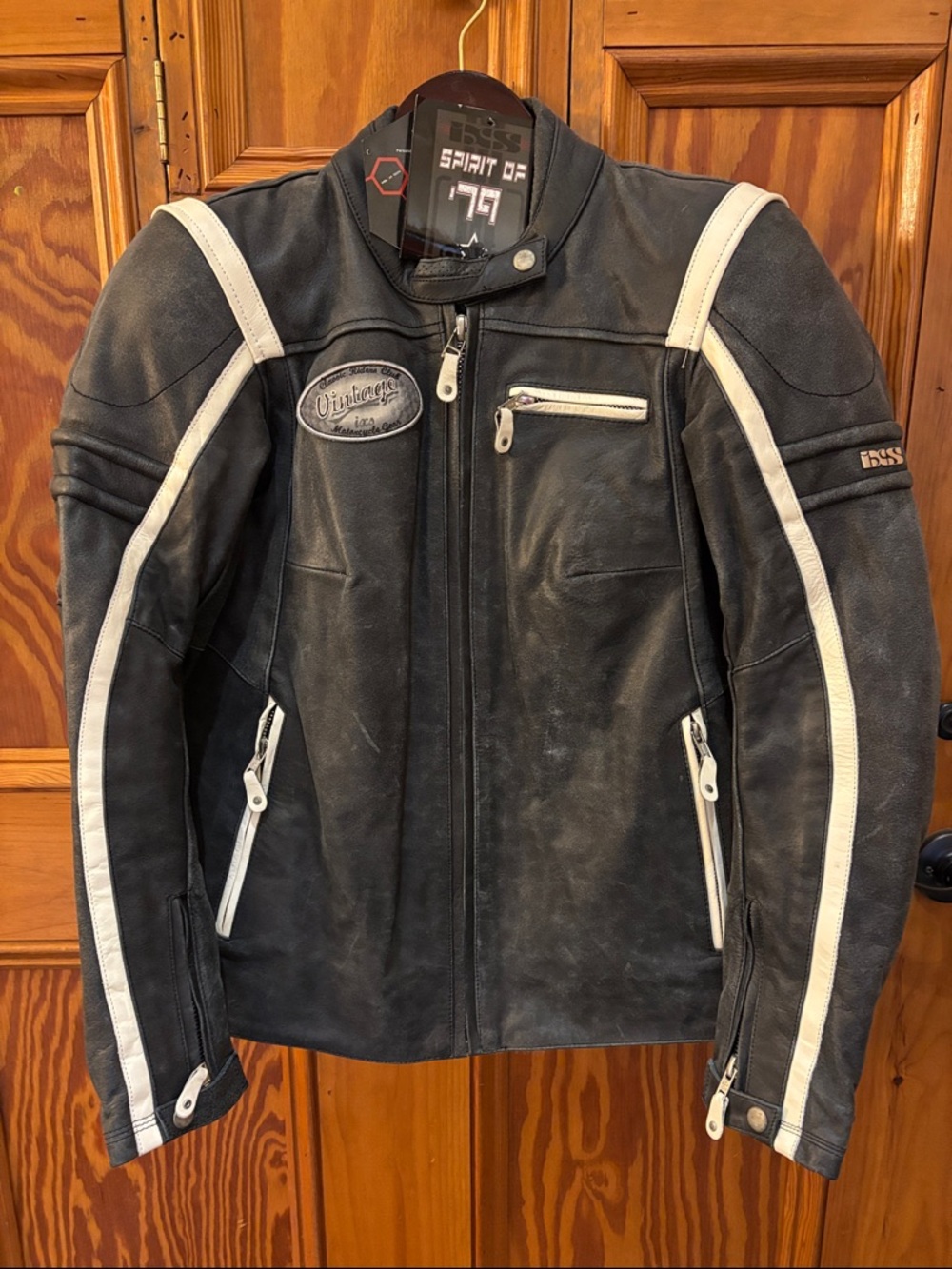 IXS Buffalo leather Spirit of 79 Black Leather Motorcycle Jacket with White Trim